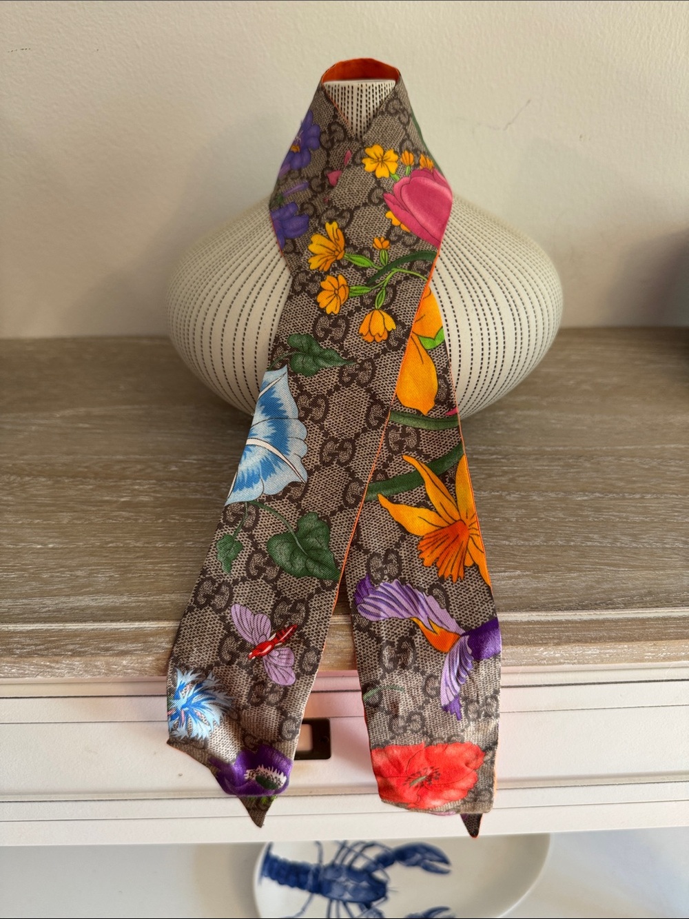 Gucci Brown GG Floral Silk Twilly neck scarf with Orange and Purple Accents